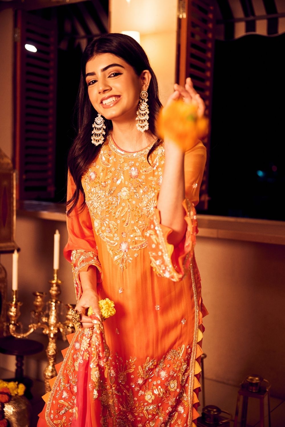 Saffron Glow Orange Viscose Organza Embellished Kurta Set with Dupatta