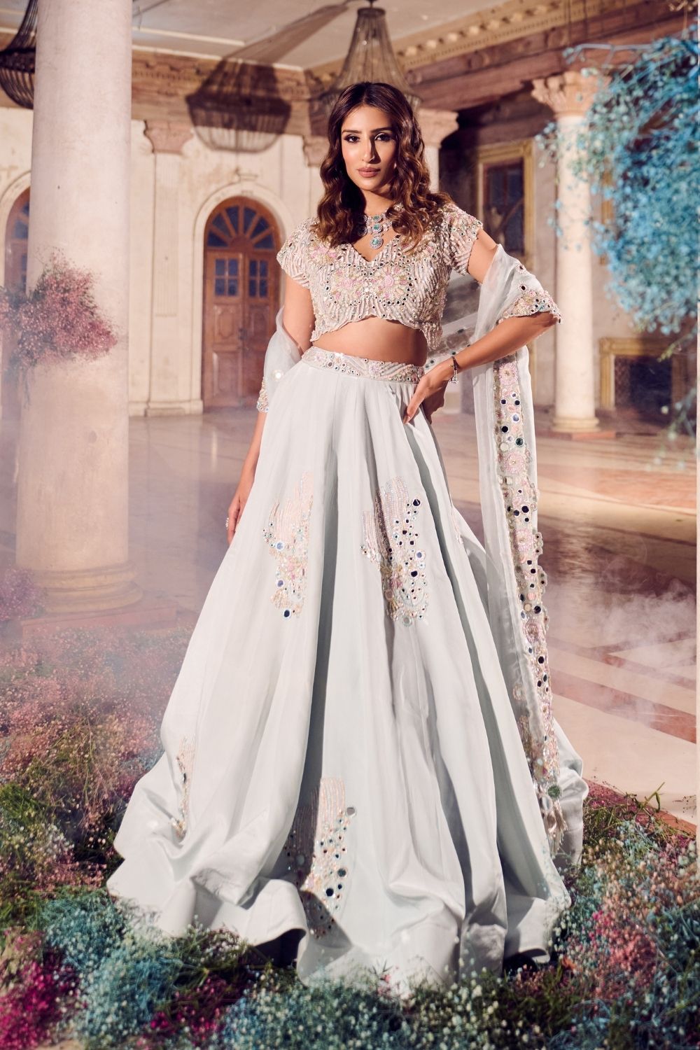 Darya Powder Blue Mirrorwork Lehenga with dupatta