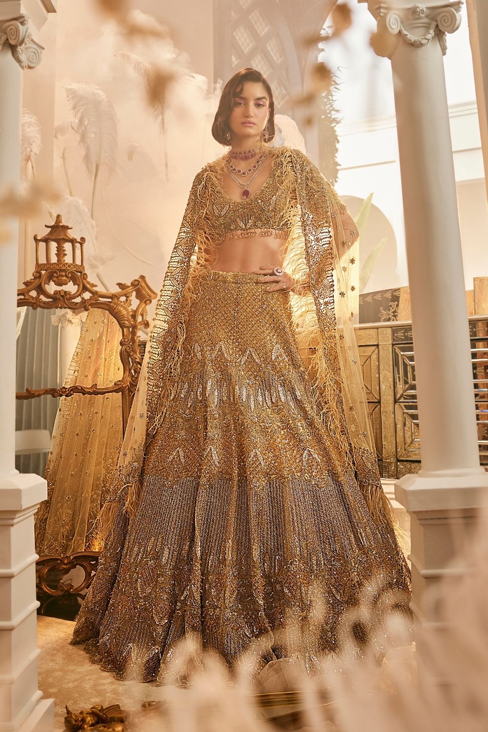 Nox Gold Embellished Net Lehenga and Scoop Neck Blouse with Dupatta