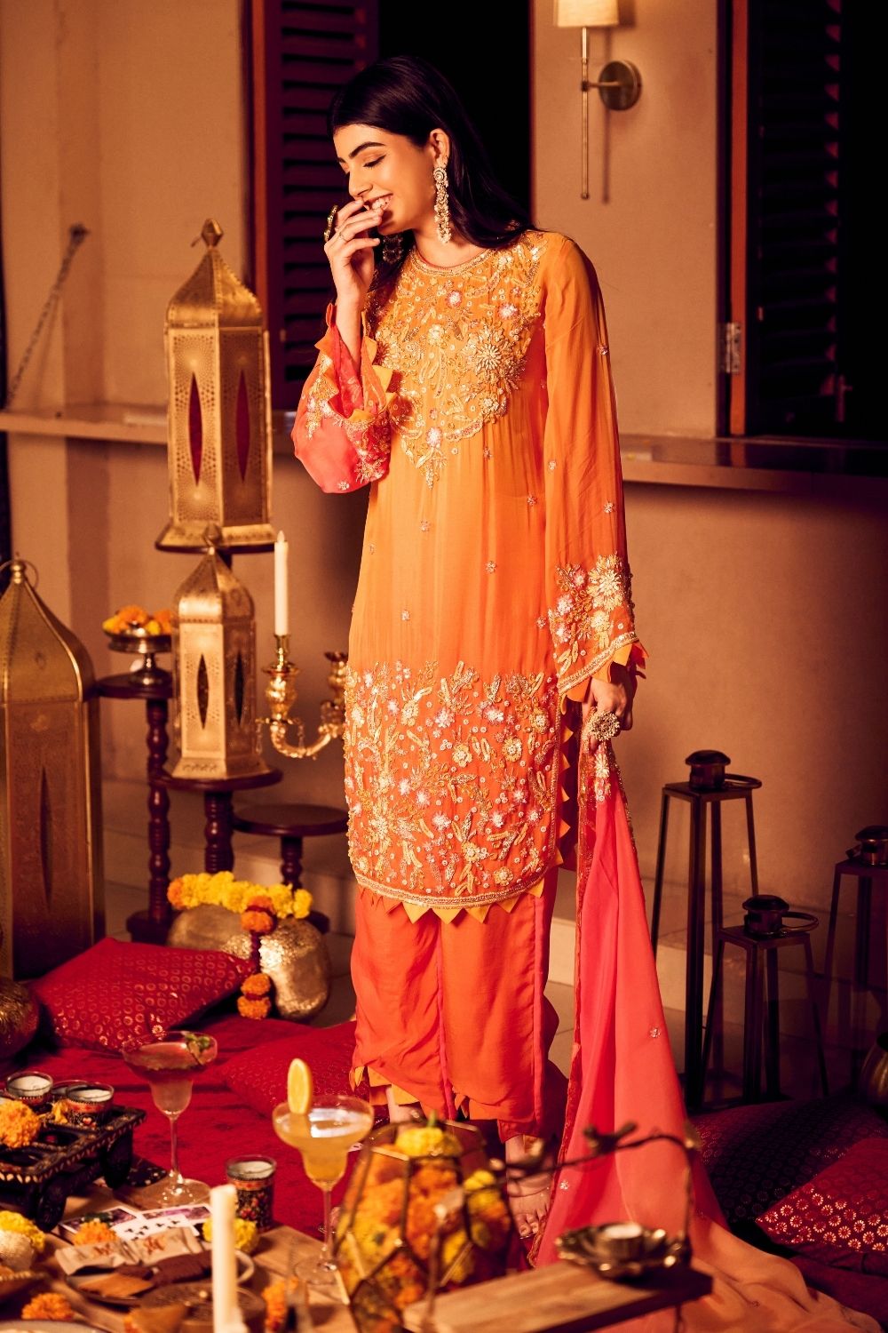 Saffron Glow Orange Viscose Organza Embellished Kurta Set with Dupatta