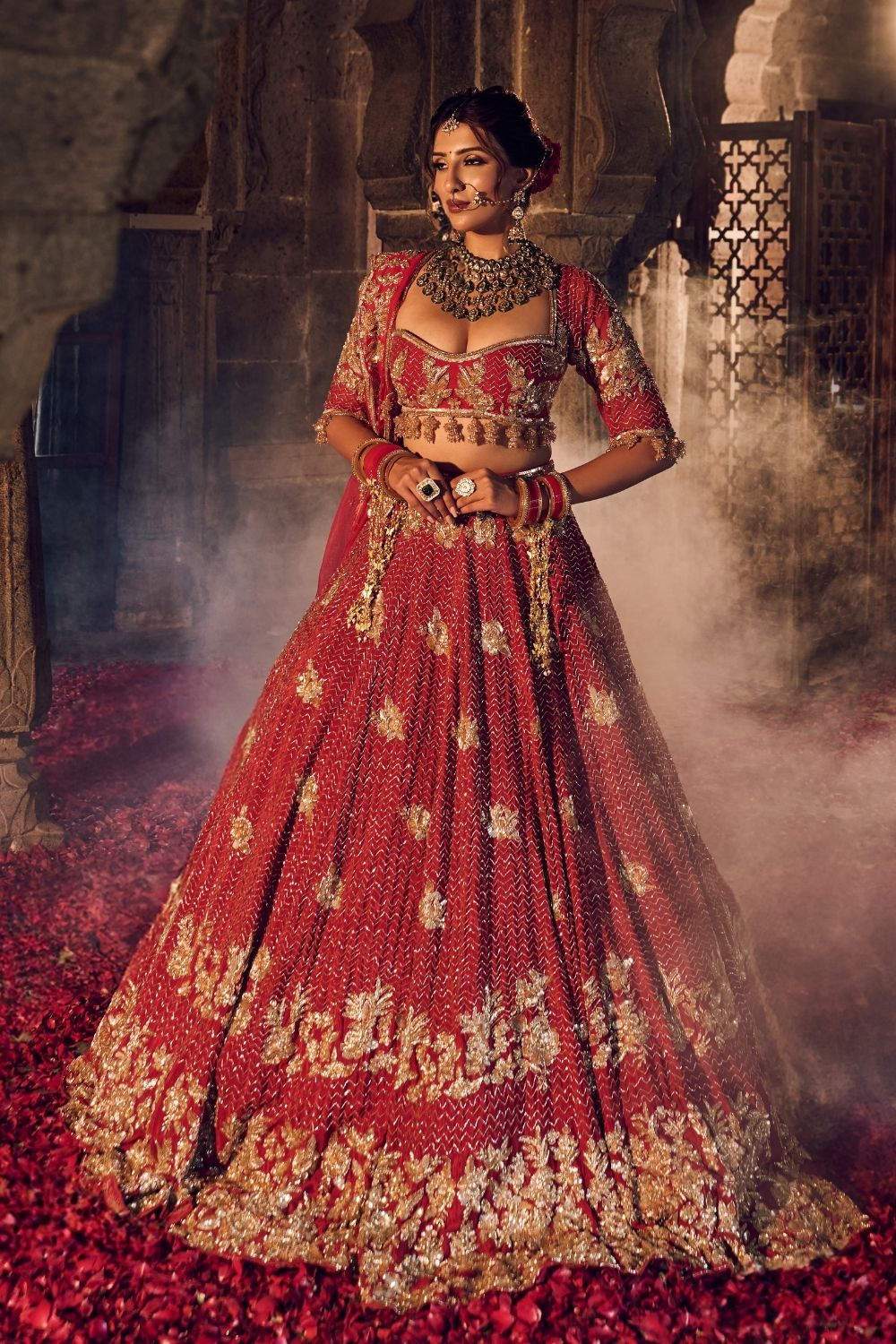 Mariam Deep Red Crepe Kora Organza Lining Shantoon Bridal Lehenga Set