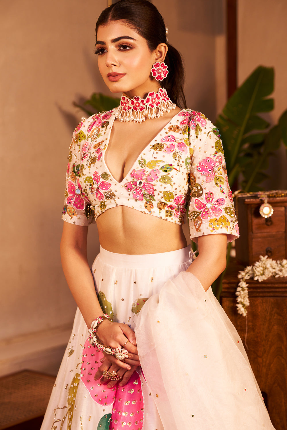 Naina Ivory Chanderi Embellished Floral Plunge V-Neck Handpainted Lehenga Set