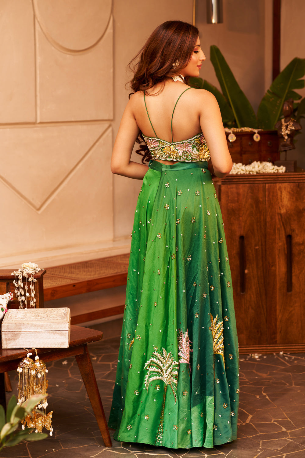 Laila Green Kora Organza Palm Tree Embellishment & Embroidered Cape And Pant Set