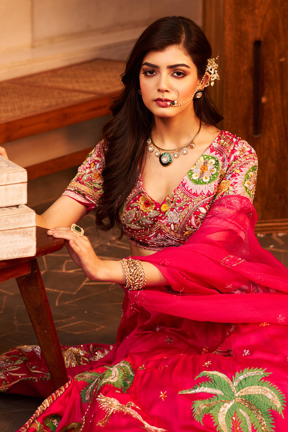 Arzoo Pink Kora Organza Palm Tree Embellishment & Embroidered Lehenga Set