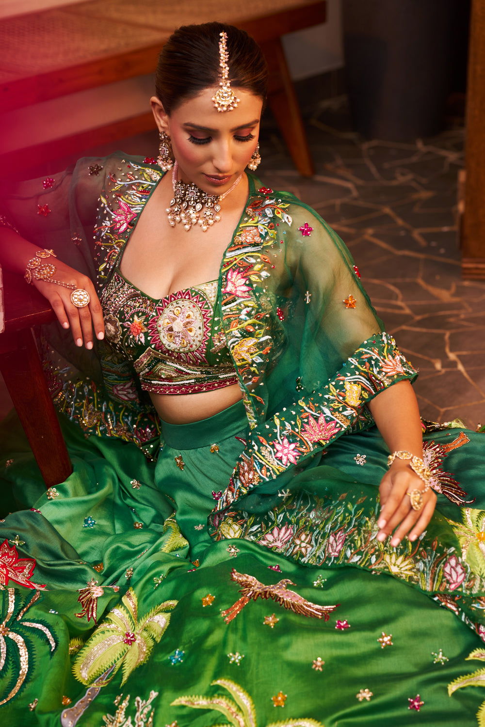 Urvashi Green Kora Organza Embellished & Embroidered Lehenga Set