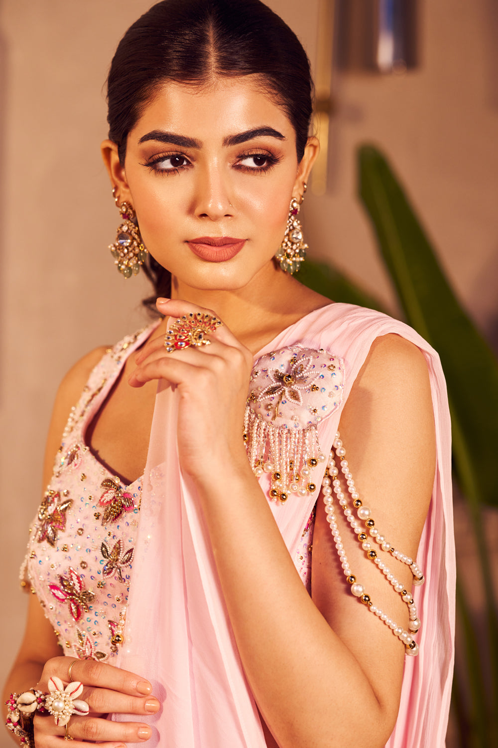 Mahi Pink Crepe Embellished Sequin Layered Pre-Draped Saree With Blouse