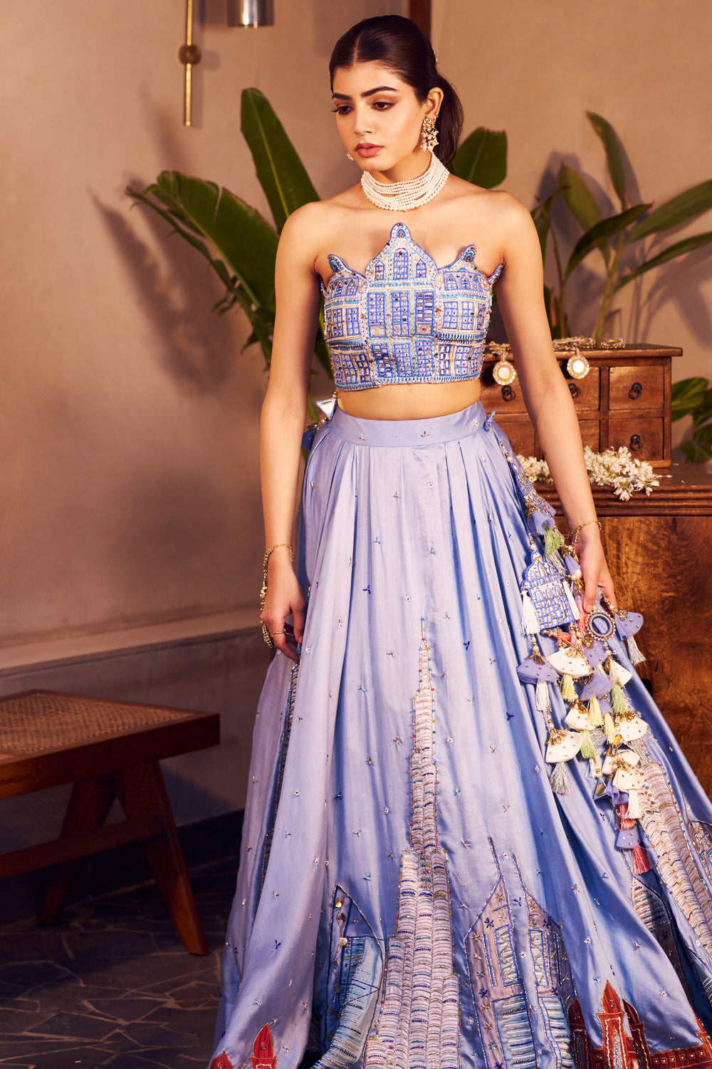 Ila Purple Chanderi Embroidered Thread Cut-Out Patchwork Lehenga Set