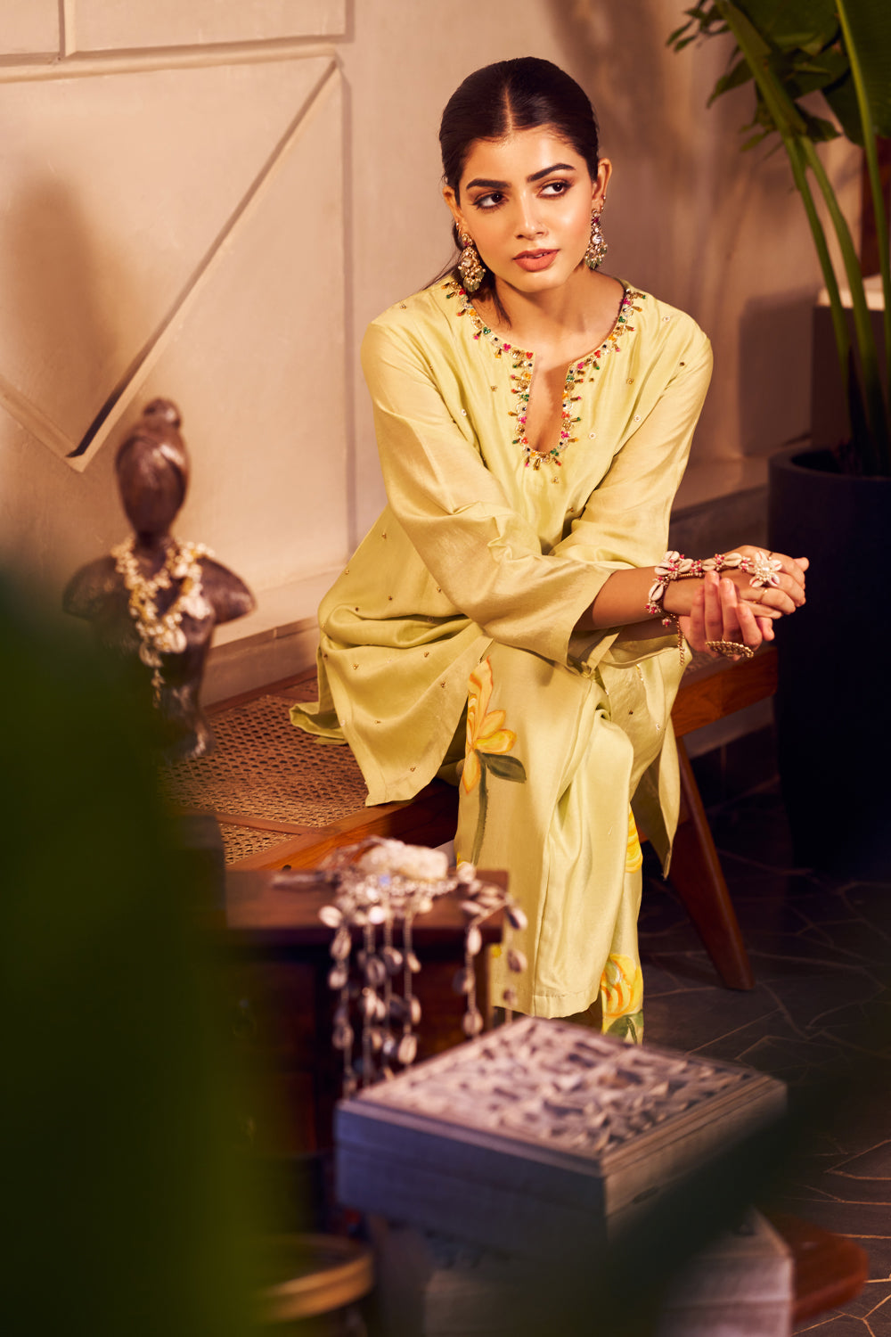 Lali Yellow Chanderi Embellished Sequin Floral Handpainted Kurta With Pant