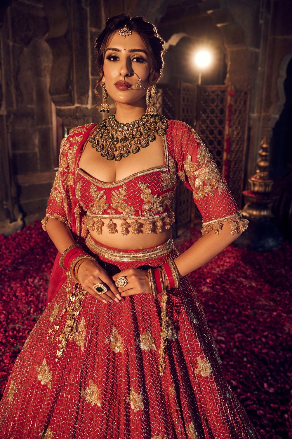 Mariam Deep Red Crepe Kora Organza Lining Shantoon Bridal Lehenga Set