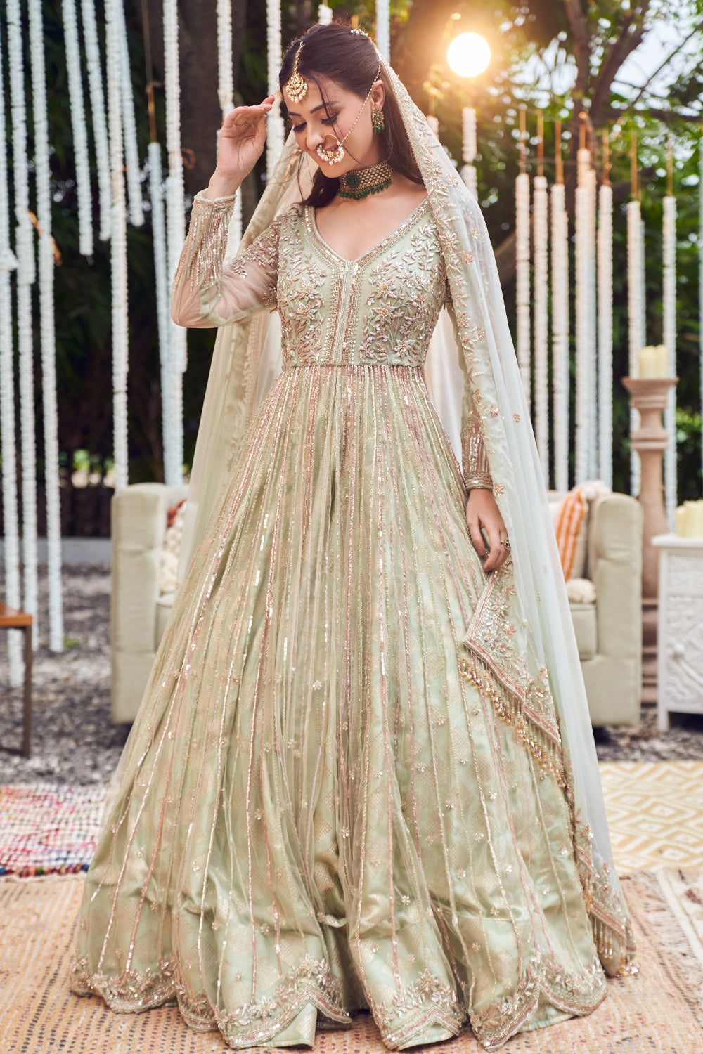 Mellow Maharani Green Banarasi Embroidery Sequin Ambrosia Jacket Kurta Lehenga Set