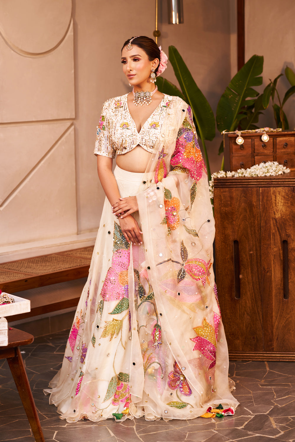 Maya Ivory Kora Organza Hand Paint Floral V-Neck Lehenga Set