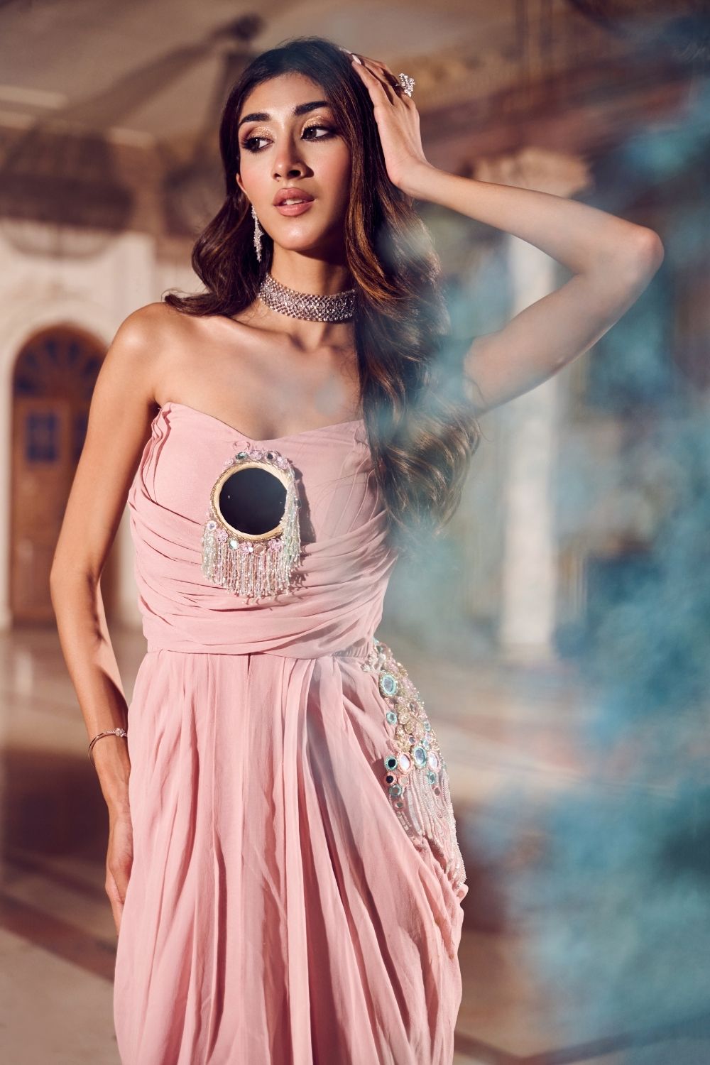 Nayantara (Rose Gold) Mirrorwork Draped Gown