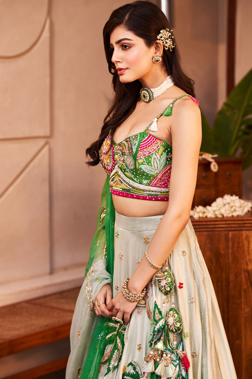 Mumtaaz Green Kora Organza  Embellished & Embroidered Lehenga Set