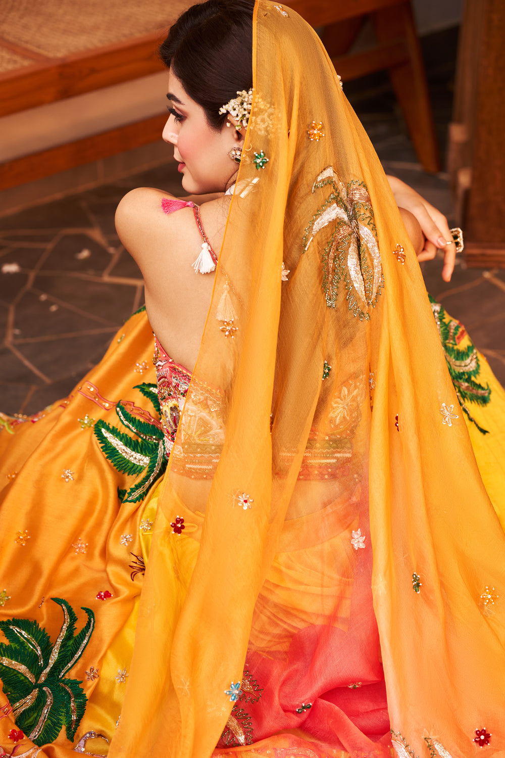 Aditi Yellow Chanderi Embroidered Thread Nature Patchwork Lehenga Set