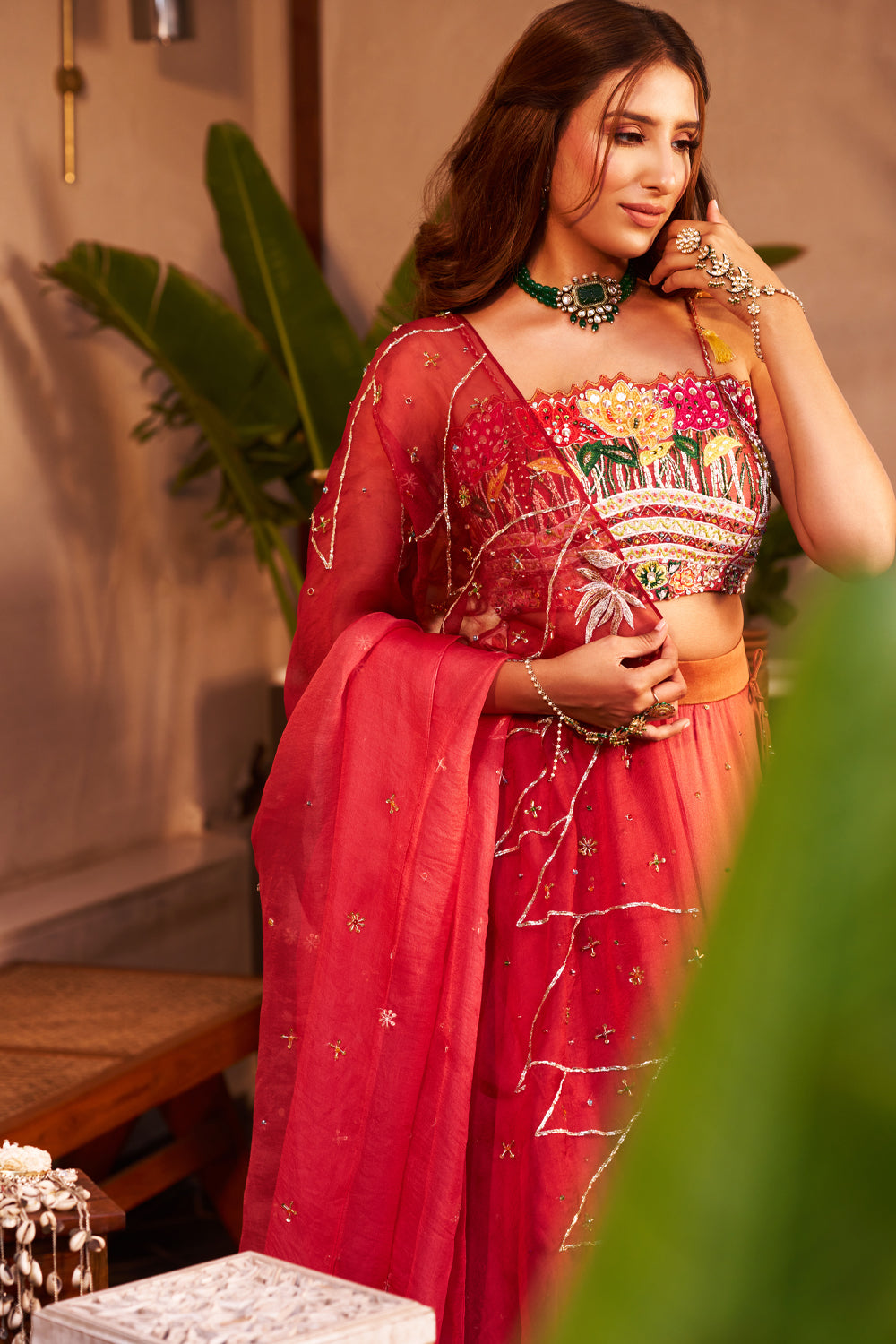 Gauhar Orange Kora Organza Lotus Square Embellishment & Embroidered Lehenga Set