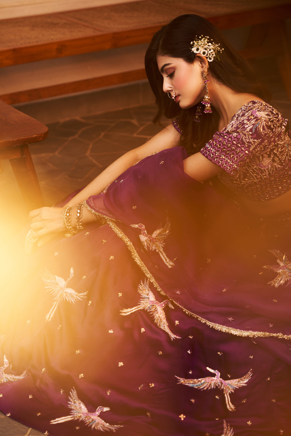 Indrani Purple Dupion Silk Bird V-Neck Embellishment & Embroidered Lehenga Set