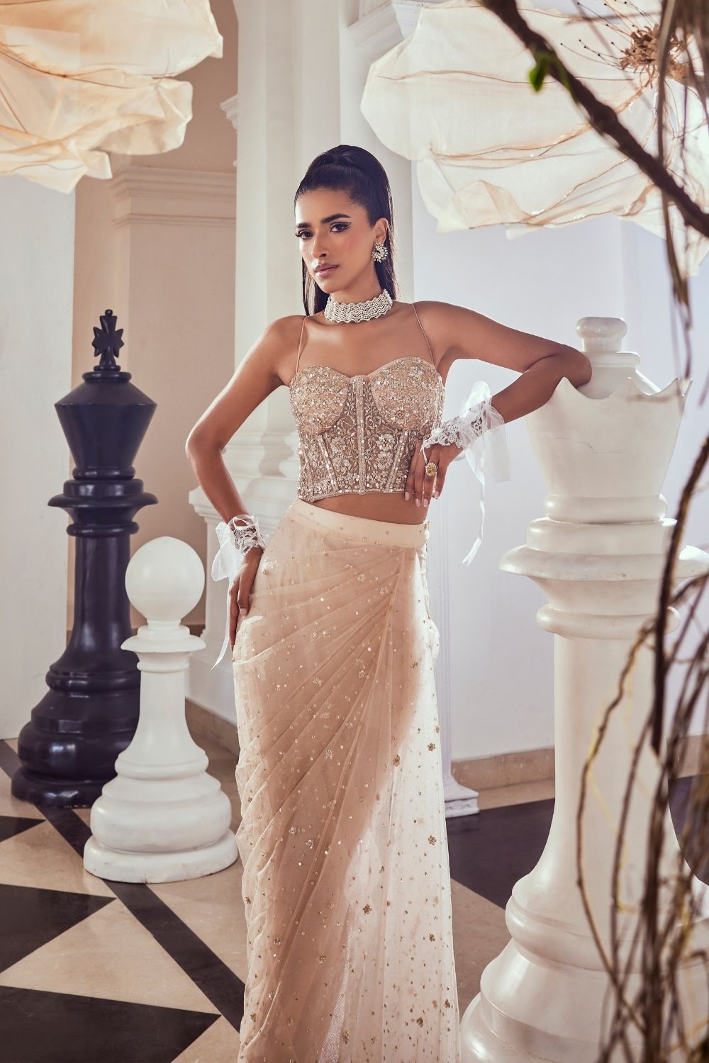 Adelina Blush Pink Hand Embellished Net Corset and Drape Set