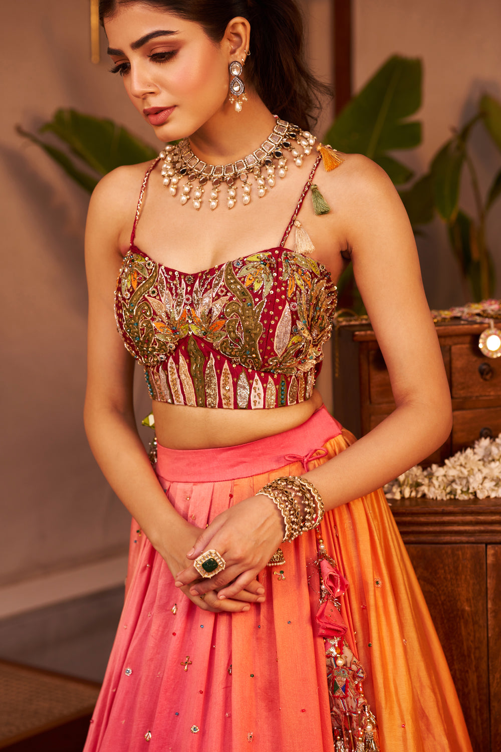 Madhubala Pink Chanderi At Sunset Embroidered Lehenga With Bustier