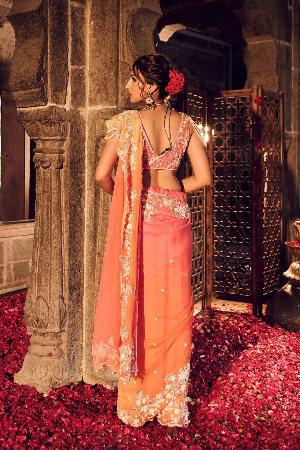 Zainab Orange Yellow Viscose Organza Lining Shantoon Floral Saree With Blouse