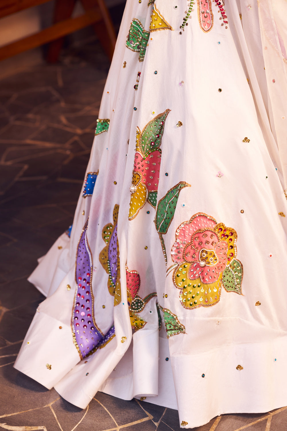 Rukmini Ivory Kora Organza Embellished & Painted Lehenga Set