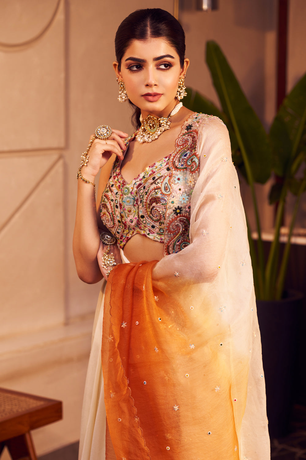 Indira Yellow Kora Organza Paisley Embroidered Cutwork Anarkali With Dupatta