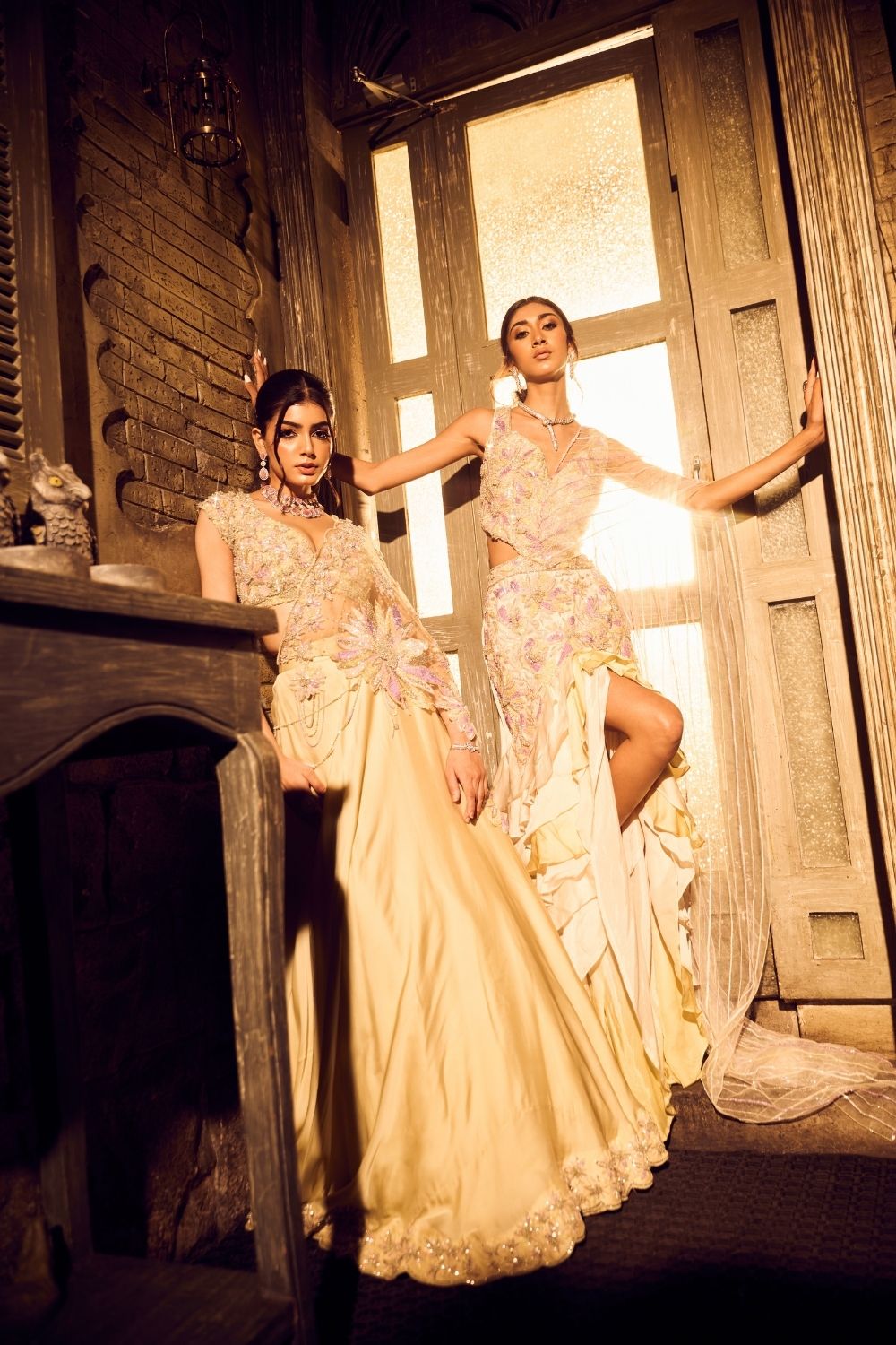 Lyra Green Ivory Ombre Embellished V-neck Satin Organza Net Lehenga with Dupatta