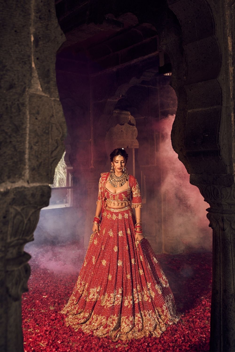 Mariam Deep Red Crepe Kora Organza Lining Shantoon Bridal Lehenga Set