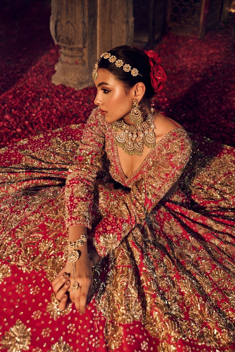 Mallika Jahan Red Dupion Silk Kora Organza Lining Shantoon Embellished Bridal Lehenga Set