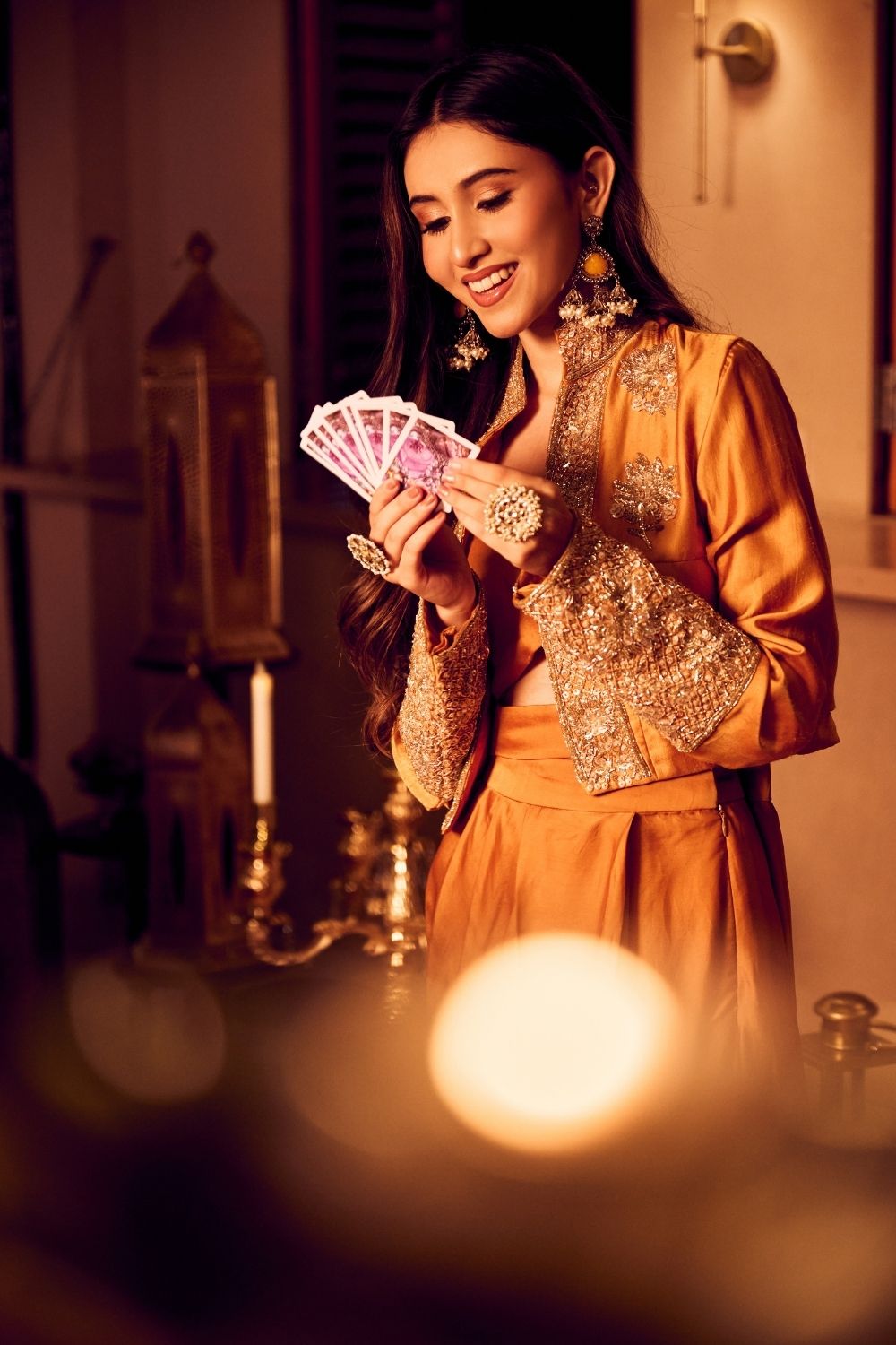 Chaand Mustard Yellow Satin Silk Lining Shantoon Padma Jacket Draped Dhoti Skirt Set