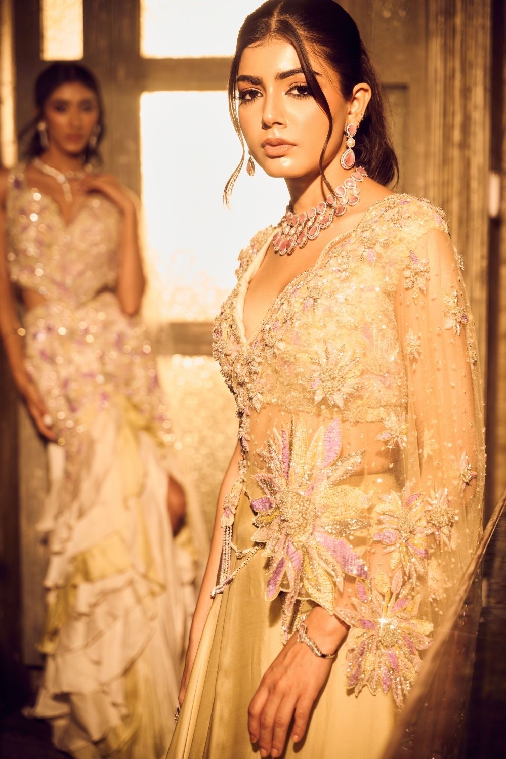 Lyra Green Ivory Ombre Embellished V-neck Satin Organza Net Lehenga with Dupatta