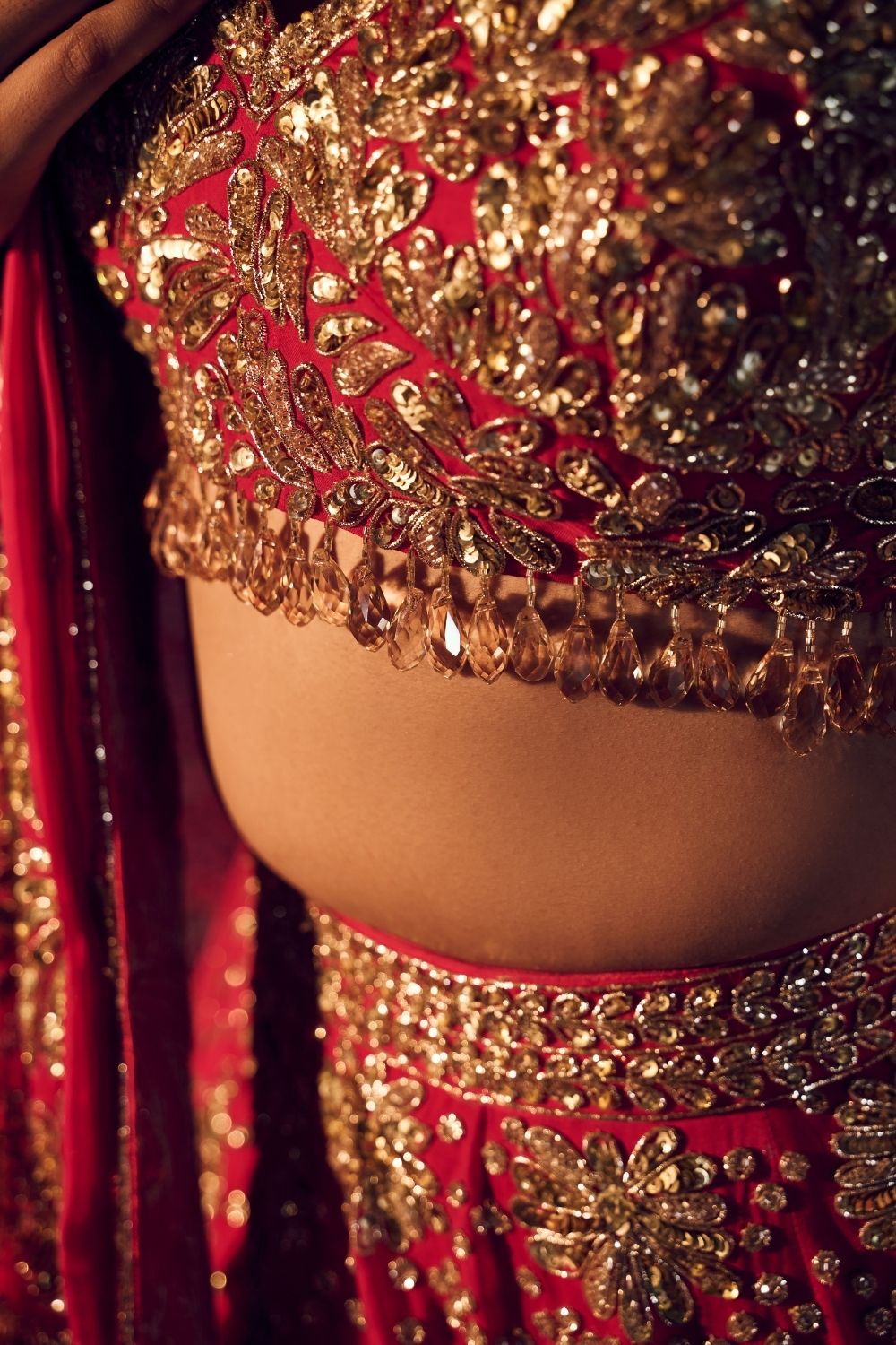 Mallika Jahan Red Dupion Silk Kora Organza Lining Shantoon Embellished Bridal Lehenga Set
