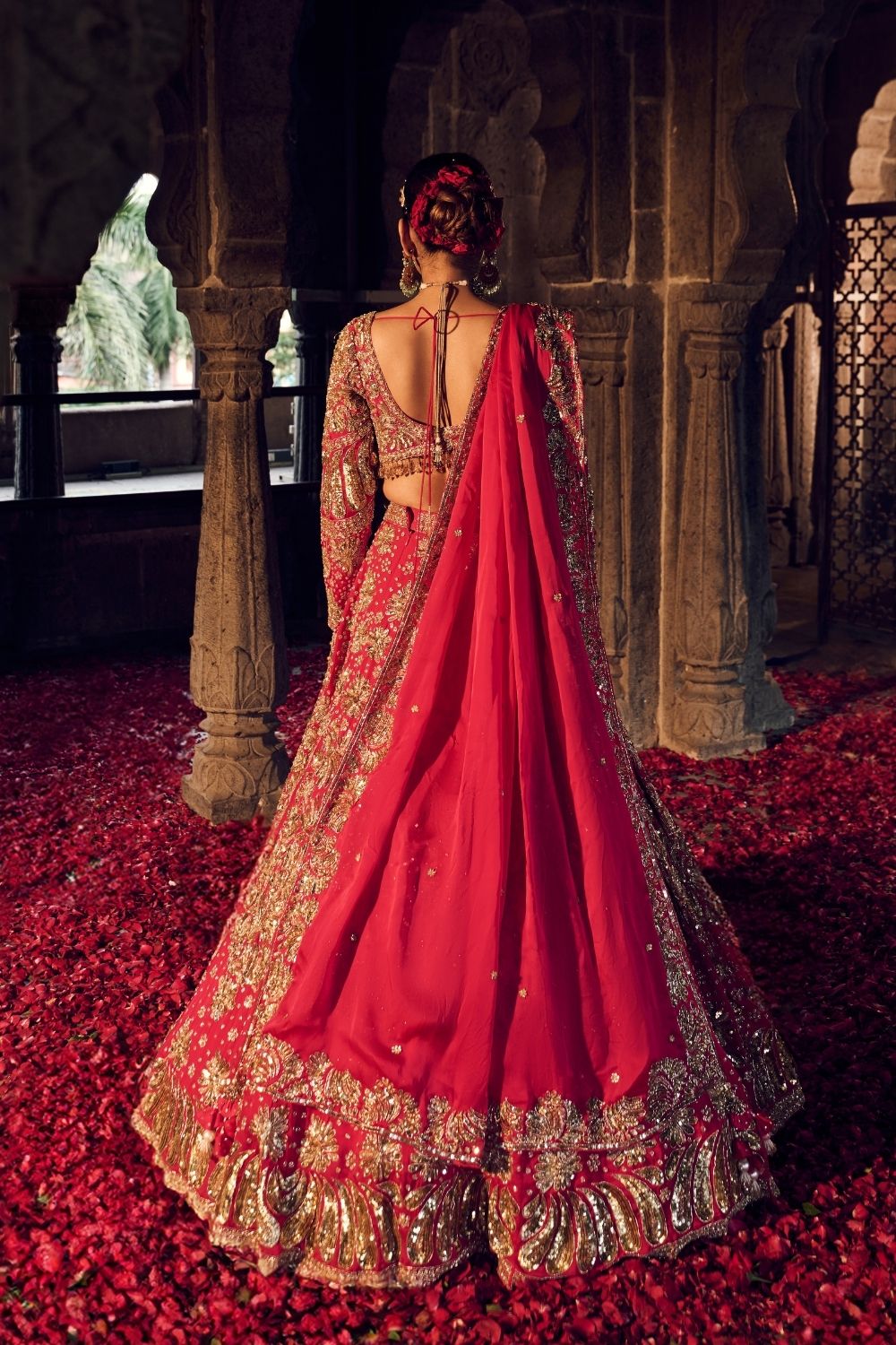 Mallika Jahan Red Dupion Silk Kora Organza Lining Shantoon Embellished Bridal Lehenga Set