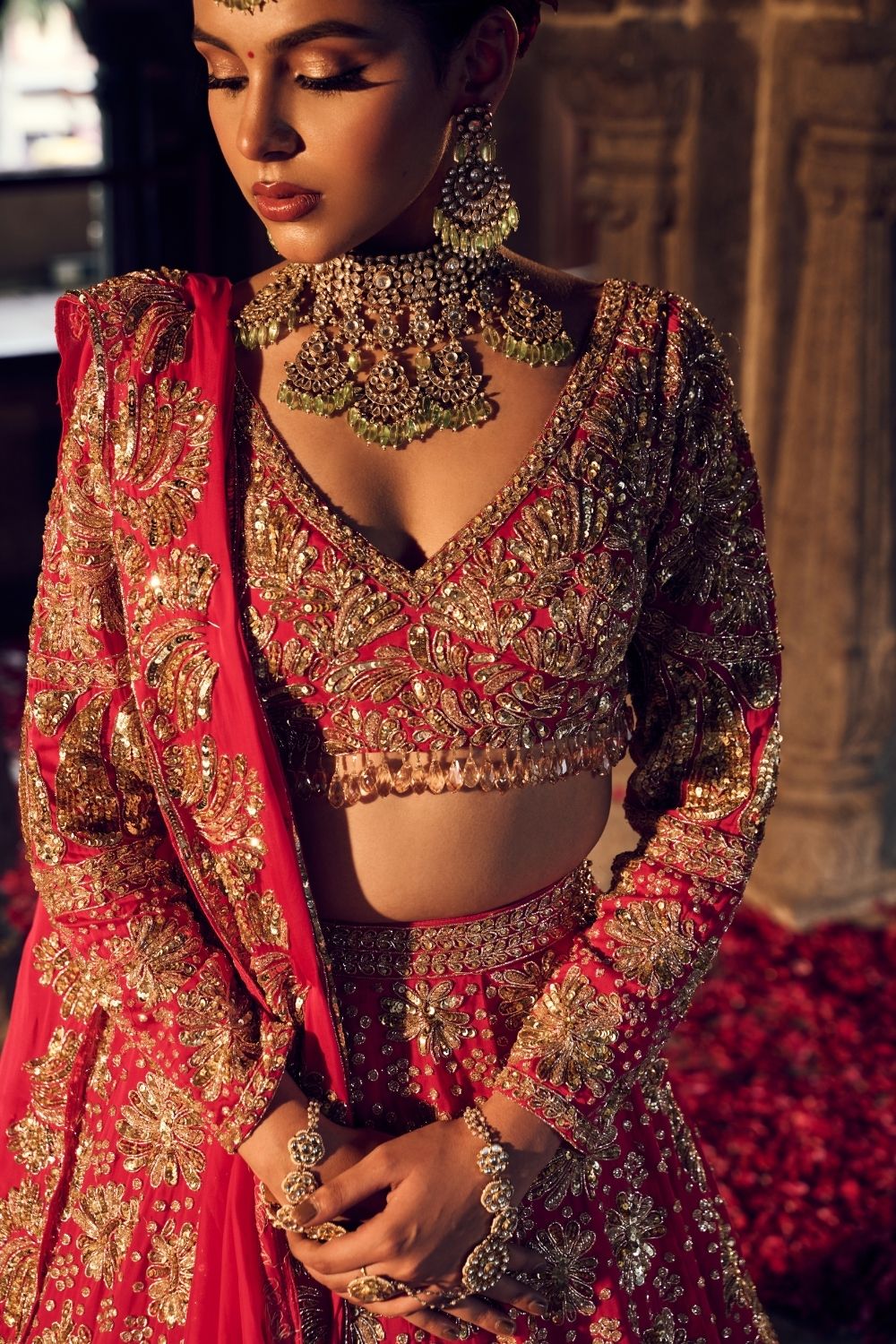 Mallika Jahan Red Dupion Silk Kora Organza Lining Shantoon Embellished Bridal Lehenga Set