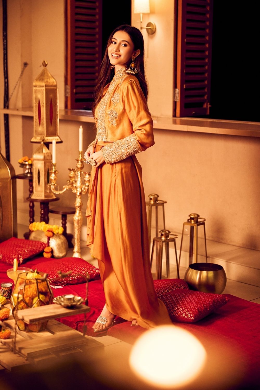 Chaand Mustard Yellow Satin Silk Lining Shantoon Padma Jacket Draped Dhoti Skirt Set