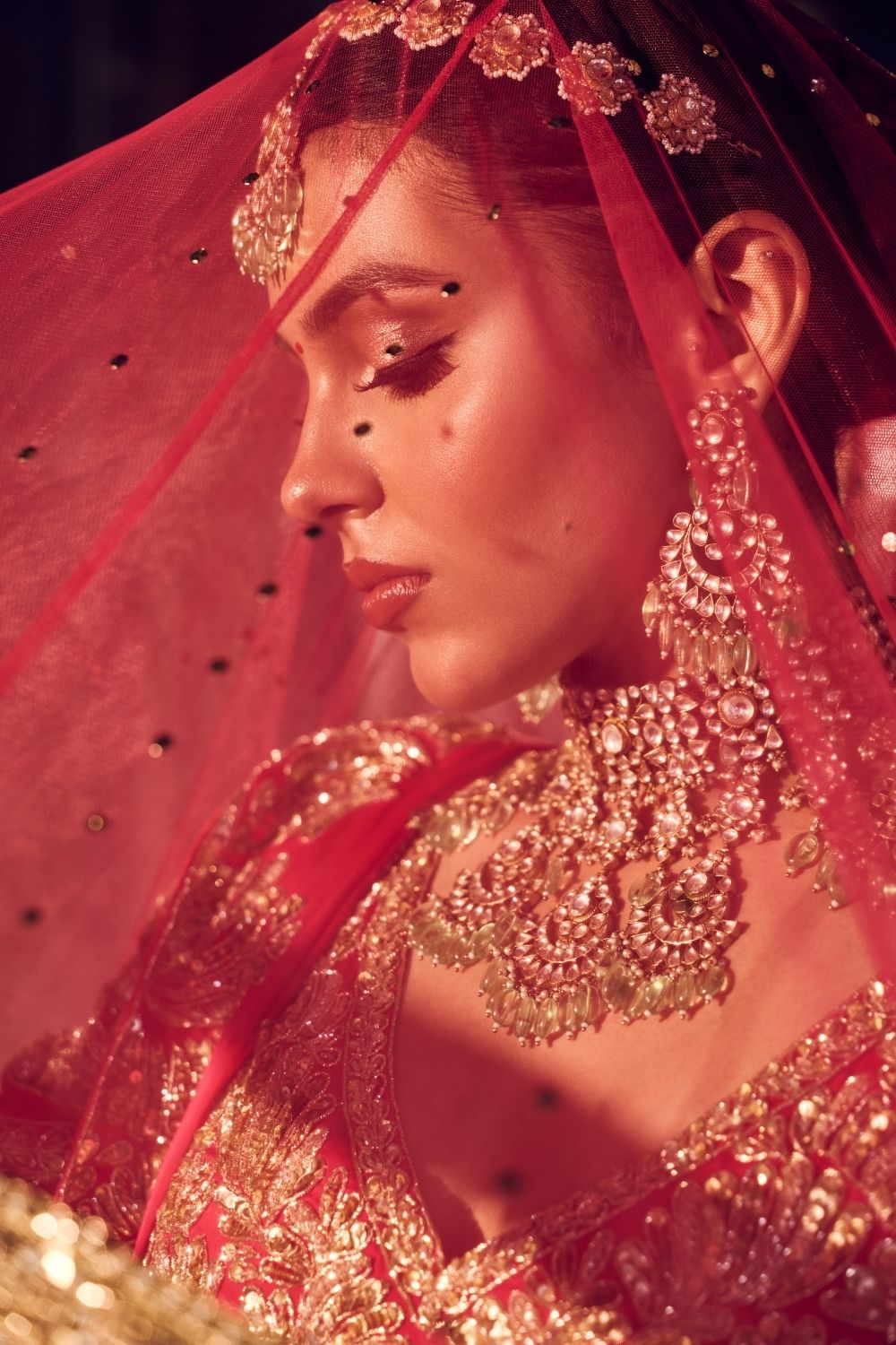 Mallika Jahan Red Dupion Silk Kora Organza Lining Shantoon Embellished Bridal Lehenga Set