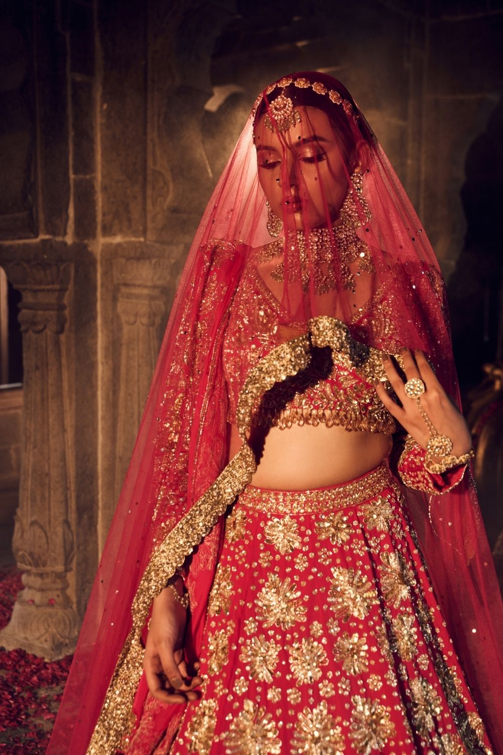 Mallika Jahan Red Dupion Silk Kora Organza Lining Shantoon Embellished Bridal Lehenga Set