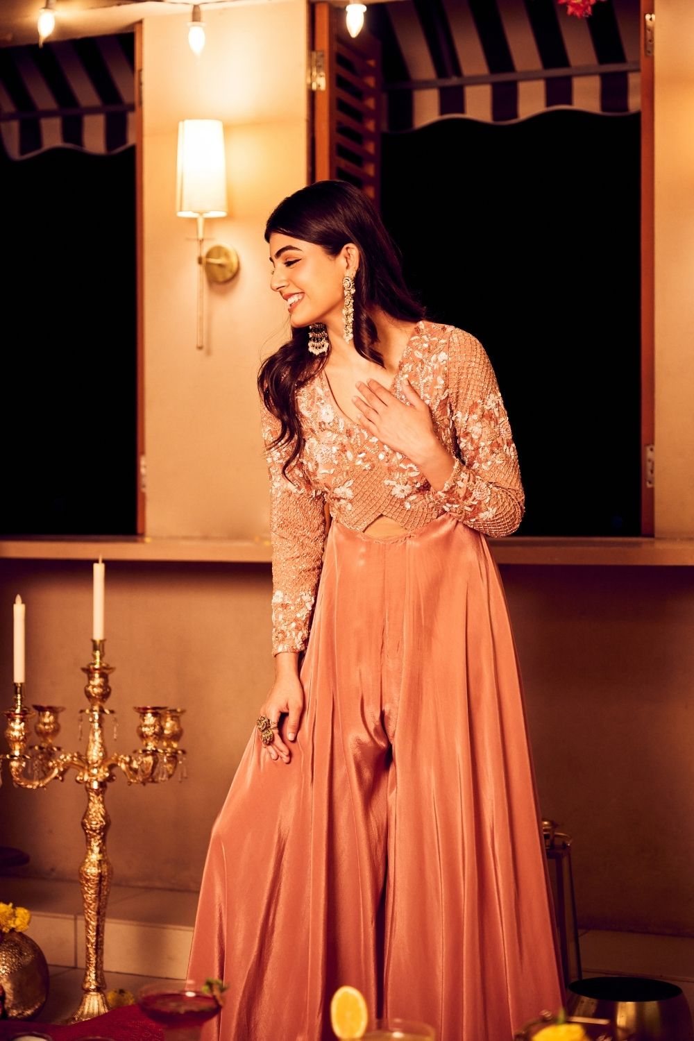 Rose Gold Reverie Crepe Embellished Cutdana Sequence Jumpsuit