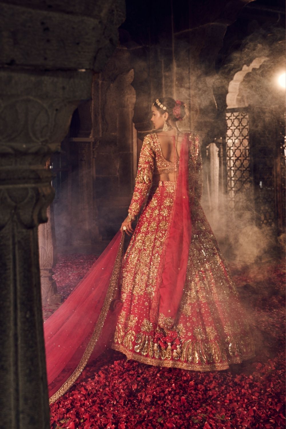 Mallika Jahan Red Dupion Silk Kora Organza Lining Shantoon Embellished Bridal Lehenga Set