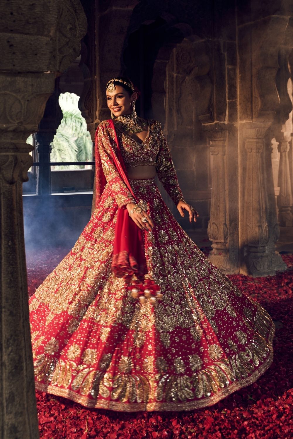 Mallika Jahan Red Dupion Silk Kora Organza Lining Shantoon Embellished Bridal Lehenga Set