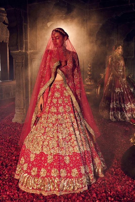 Mallika Jahan Red Dupion Silk Kora Organza Lining Shantoon Embellished Bridal Lehenga Set