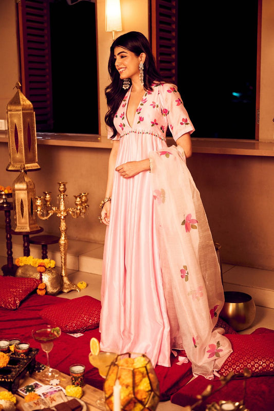 Blossom Baby Pink Chanderi Kora Hand Painted Anarkali with Dupatta