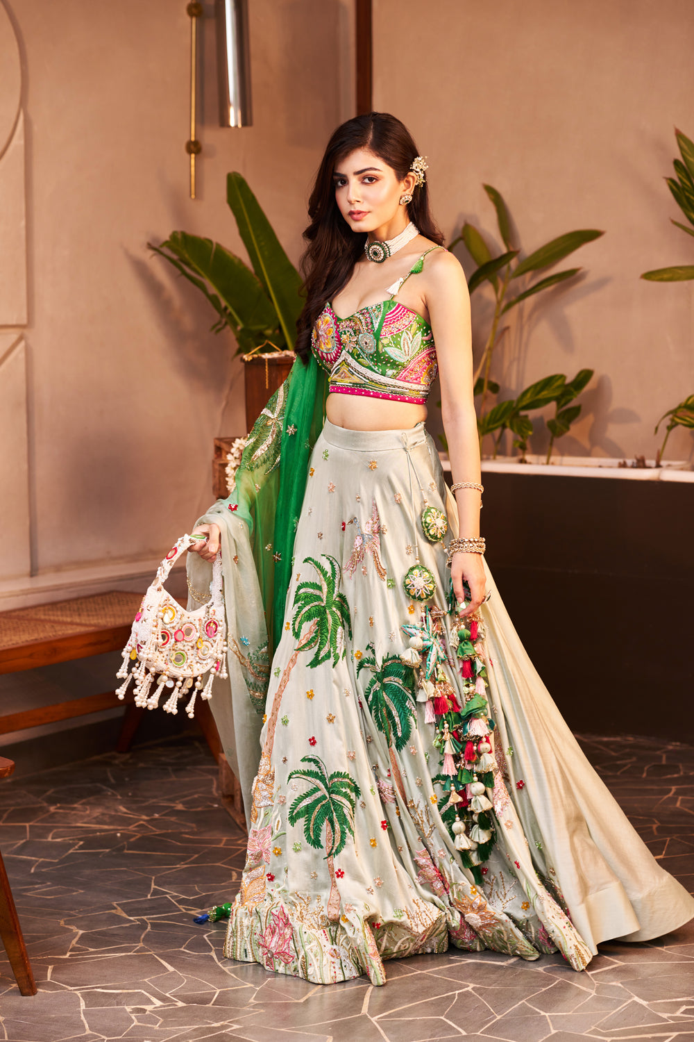 Mumtaaz Green Kora Organza  Embellished & Embroidered Lehenga Set