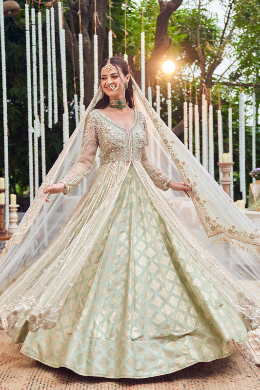 Mellow Maharani Green Banarasi Embroidery Sequin Ambrosia Jacket Kurta Lehenga Set