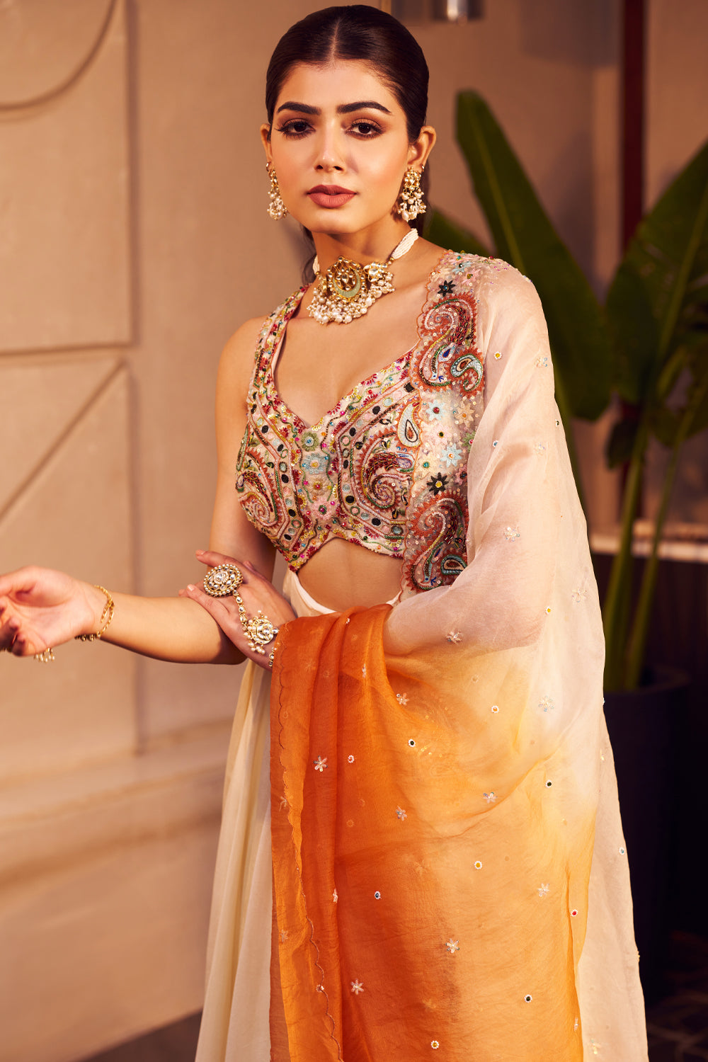 Indira Yellow Kora Organza Paisley Embroidered Cutwork Anarkali With Dupatta