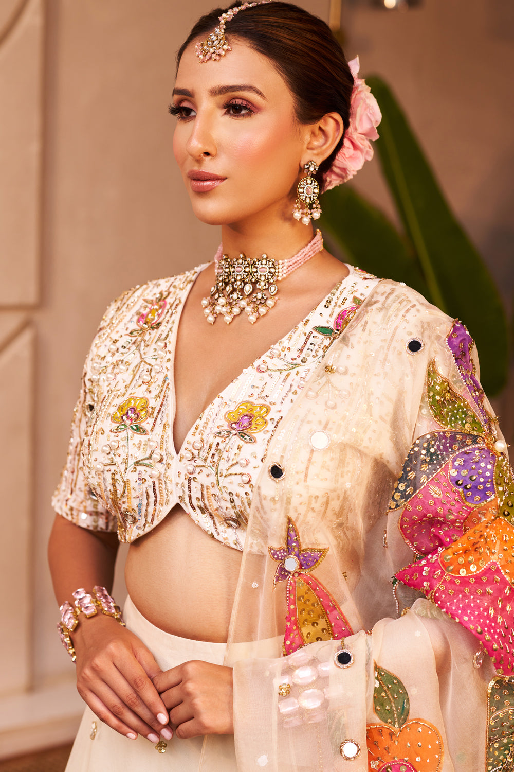 Maya Ivory Kora Organza Hand Paint Floral V-Neck Lehenga Set