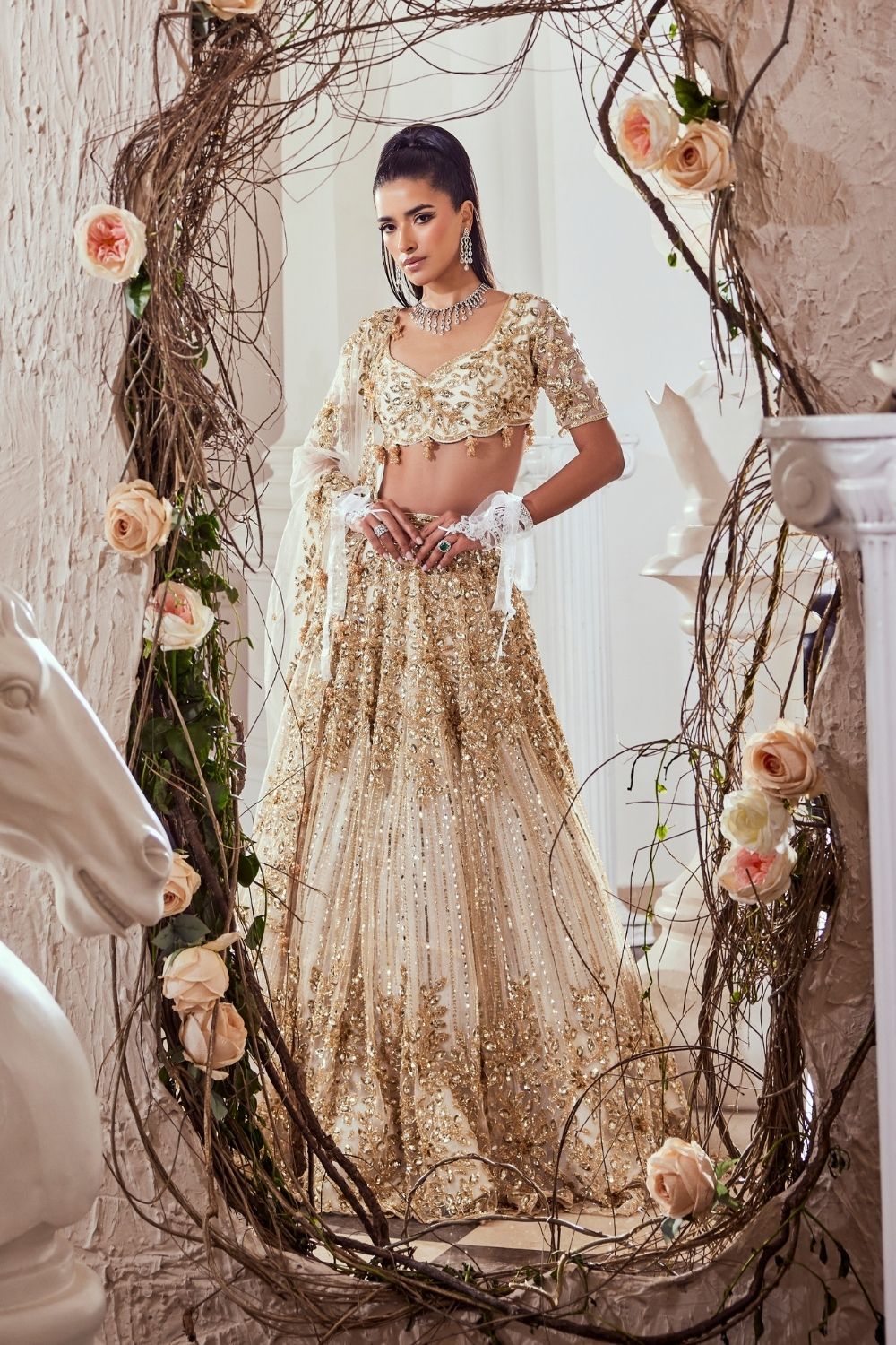 Beatrix Ivory Hand Embellished Net Bridal Lehenga Set With Sweetheart Neckline