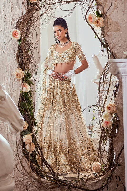 Beatrix Ivory Hand Embellished Net Bridal Lehenga Set With Sweetheart Neckline