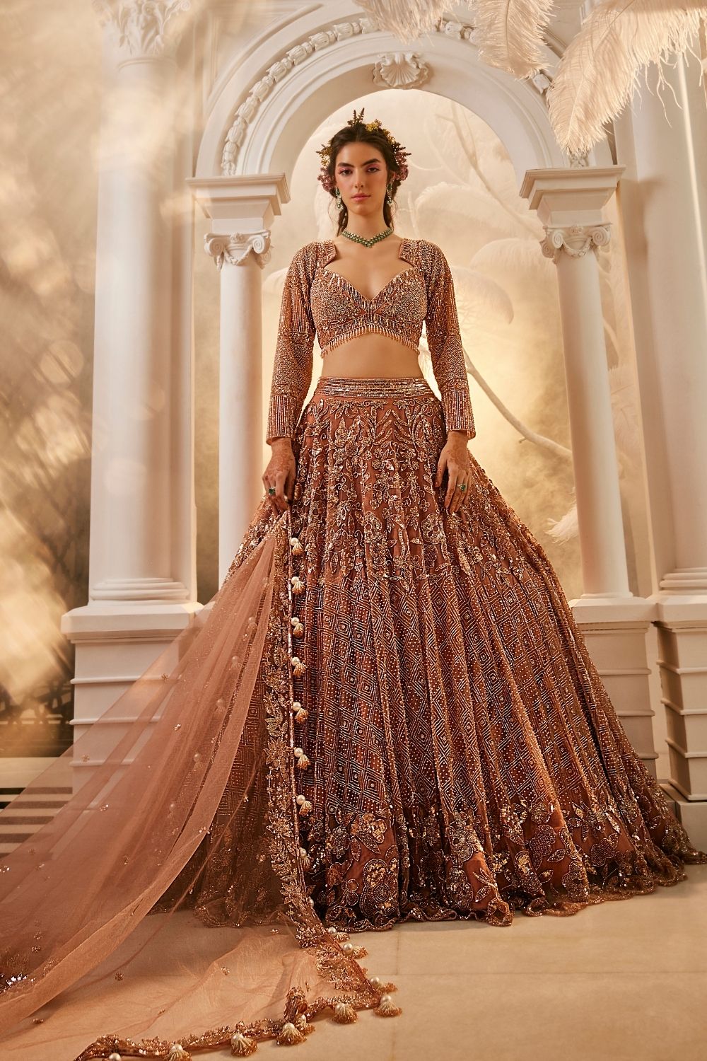 Selene Rose Gold Embellished Net Lehenga and Blouse with Dupatta