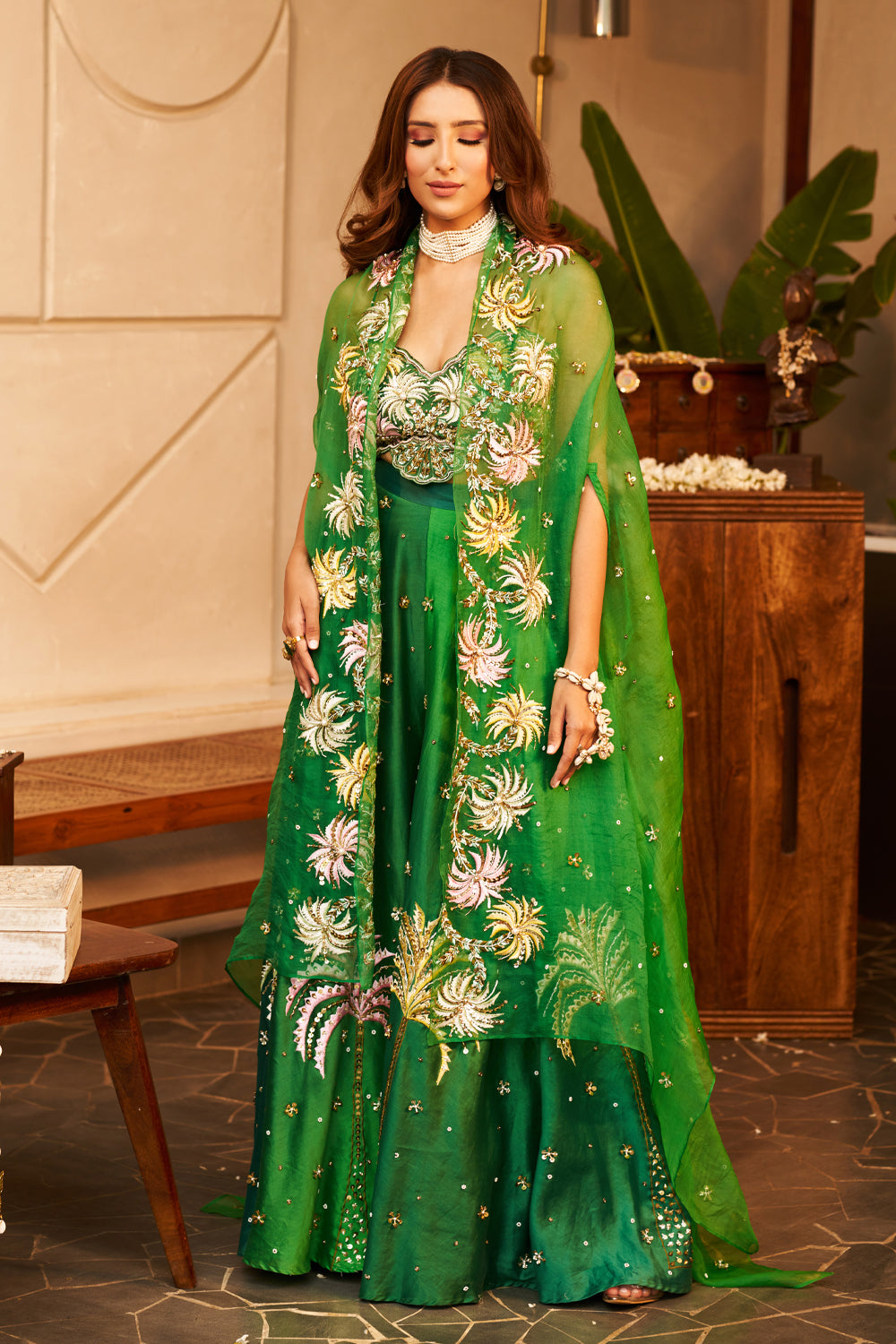 Laila Green Kora Organza Palm Tree Embellishment & Embroidered Cape And Pant Set