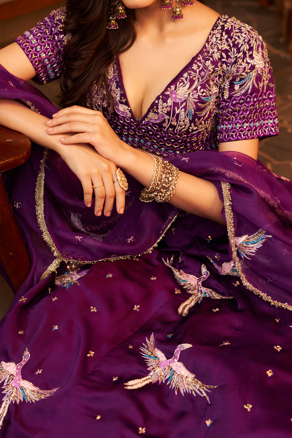 Indrani Purple Dupion Silk Bird V-Neck Embellishment & Embroidered Lehenga Set